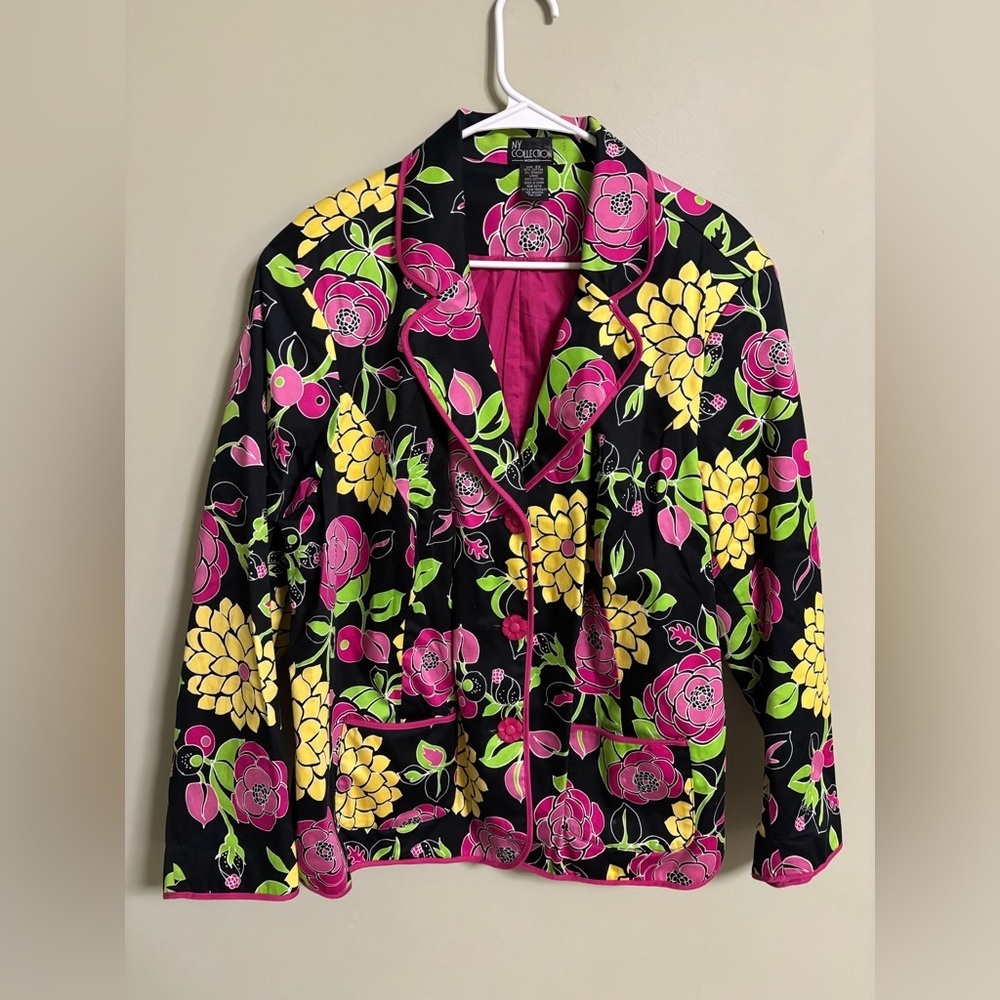 Ny Collection Womens Size 2X Floral Blazer Spring Vibrant Maximalist Pink Jacket